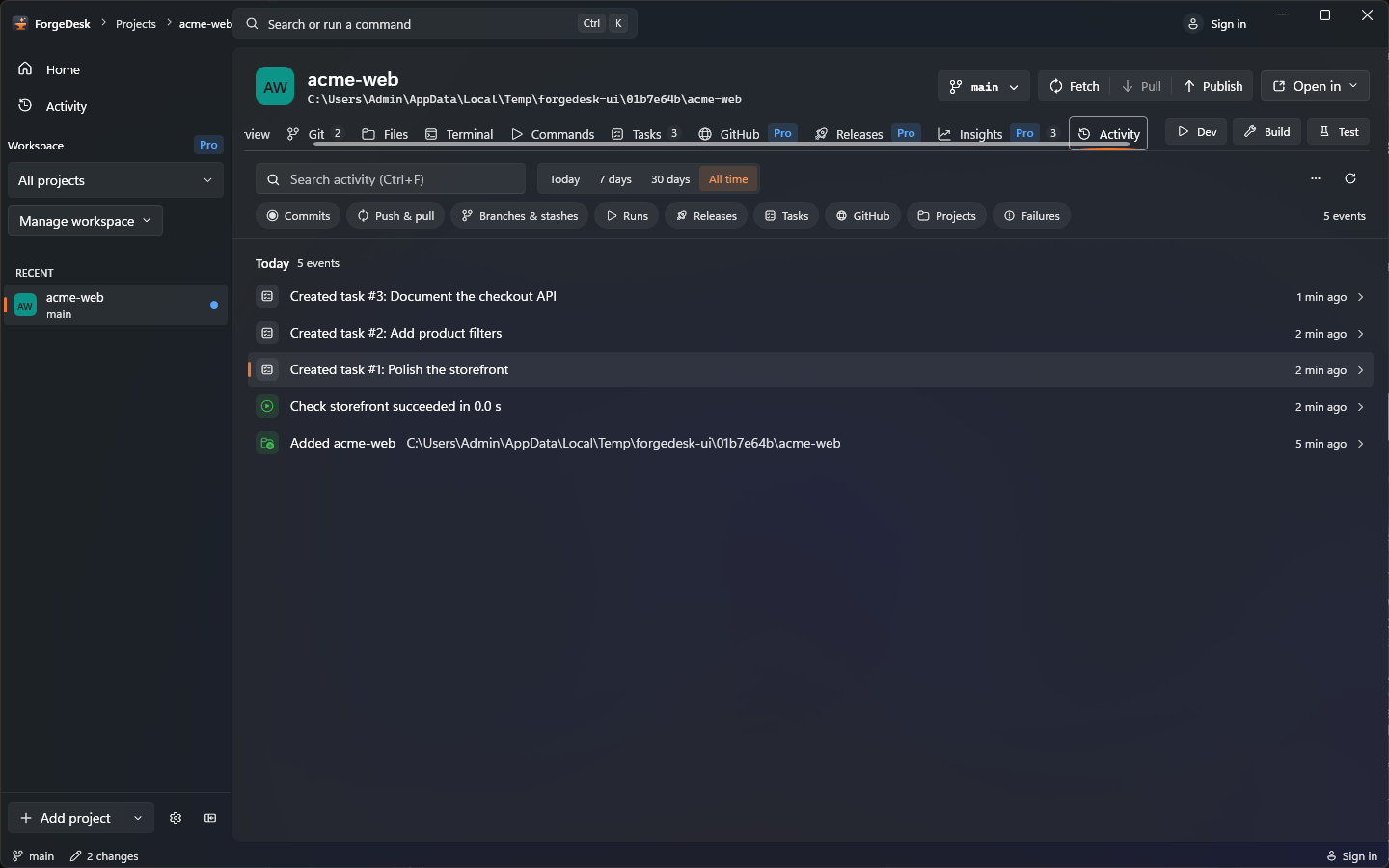 ForgeDesk Activity view