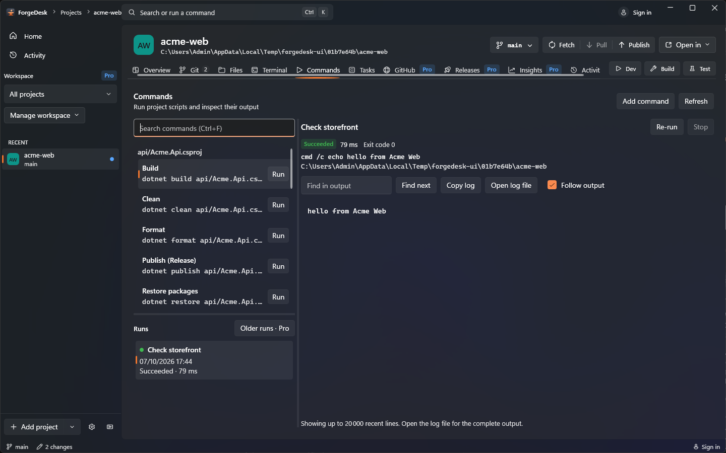 ForgeDesk Commands view