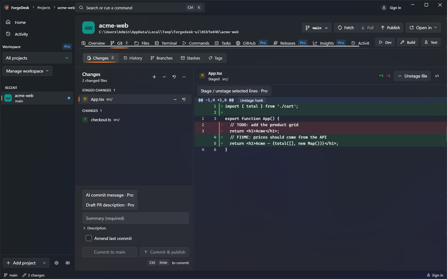 ForgeDesk Git view
