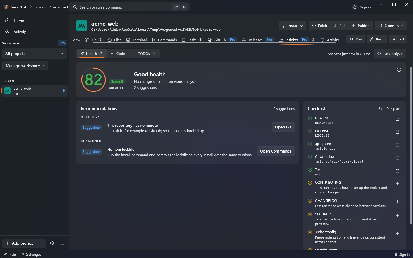 ForgeDesk Insights view