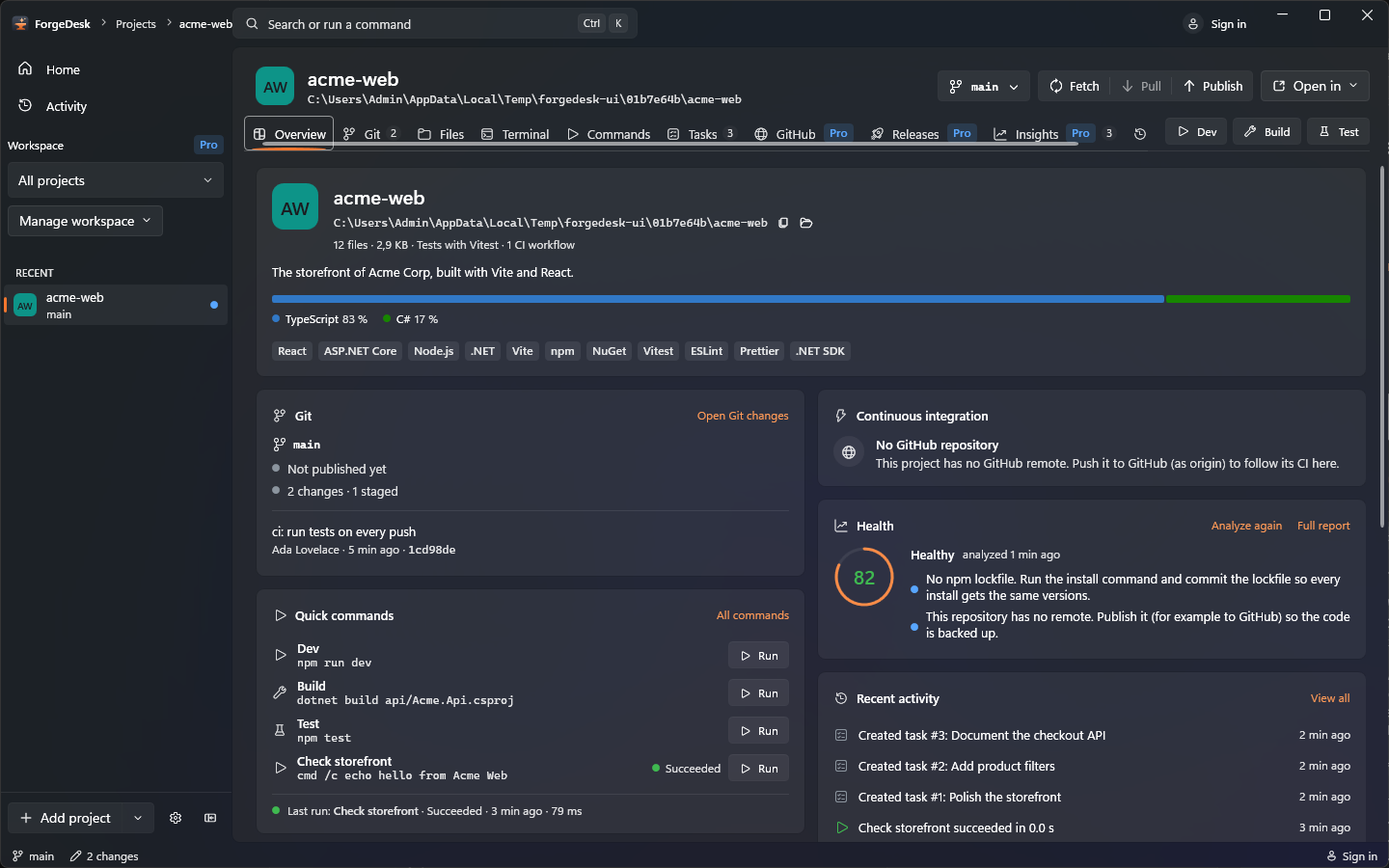 ForgeDesk Overview view