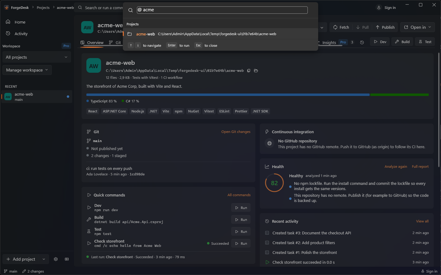 ForgeDesk Palette view