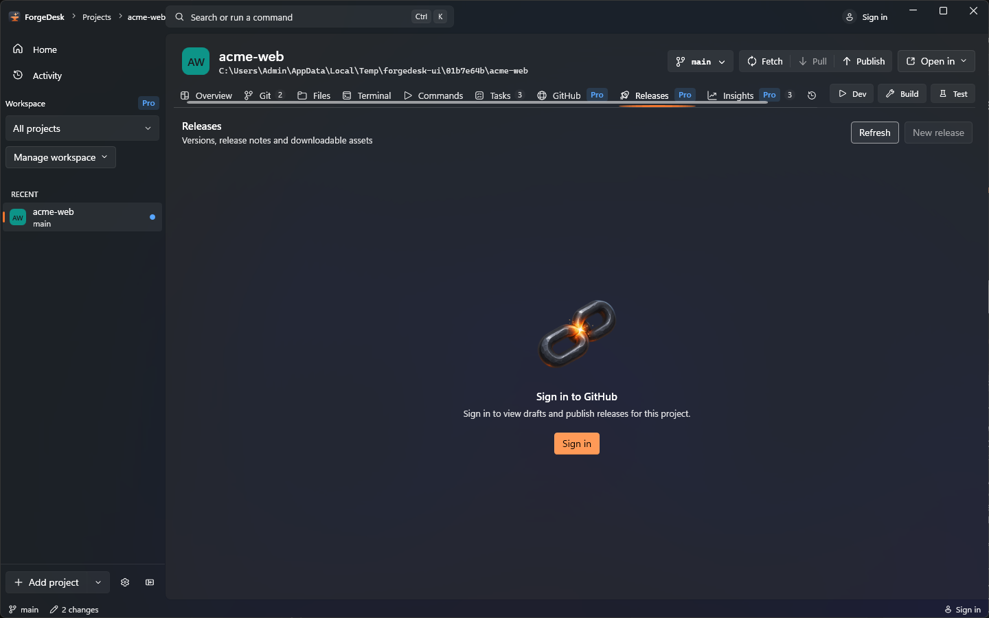 ForgeDesk Releases view