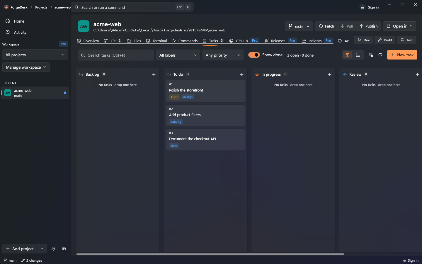 ForgeDesk Tasks view